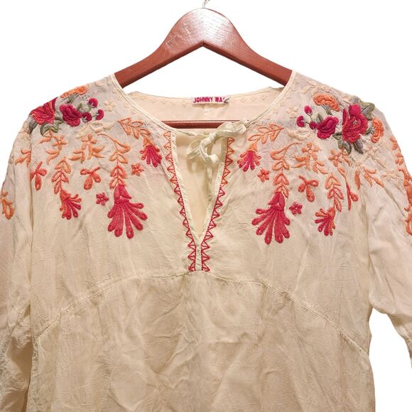 Johnny Was Women Cream Embroidered Cupra Rayon Keyhole Neck Tunic Top Size Small - Picture 6 of 10